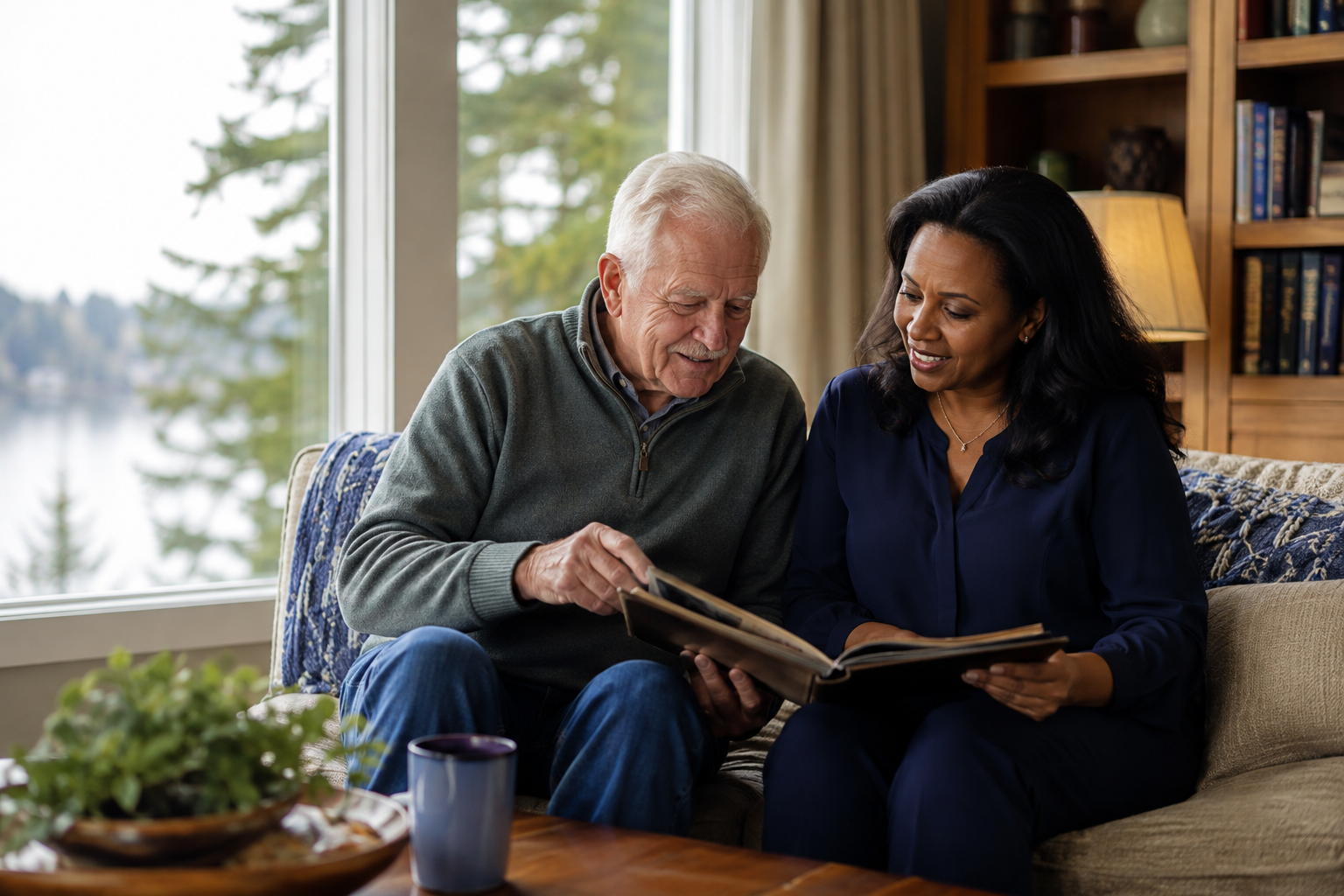 An Ethiopian home-care professional sharing a family photo album with an older Caucasian man